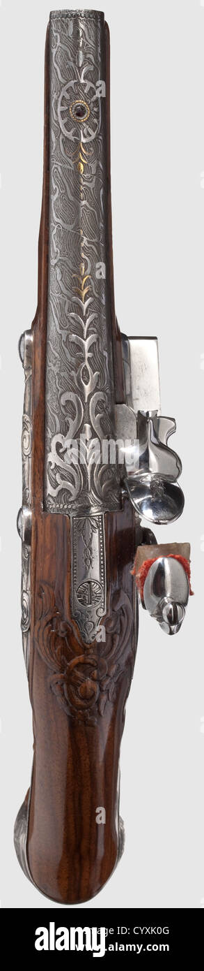 Un paio di pistole in flintlock montate in argento, Prevoteau a Parigi, circa 1780. Botti tonde Damasco in stile turco con calibro 10 mm. Sui lati superiori, intarsi in argento e punti di vista anteriori a forma di pietre di vetro. Flintlock firmati con piastre di bloccaggio a volta. Stock pieni finemente scolpiti con mobili in argento inciso. rampodini a balena con punte a corno. Un magazzino sapientemente restaurato nell'area delle mazzelle. Lunghezza 24.5 cm ciascuno, storico, storico, 18 ° secolo, pistola civile, pistole civili, portatile, pistola, armi da fuoco, armi da fuoco, armi da fuoco, armi, armi, arma, armi,,,, diritti aggiuntivi-clearences-non disponibile Foto Stock