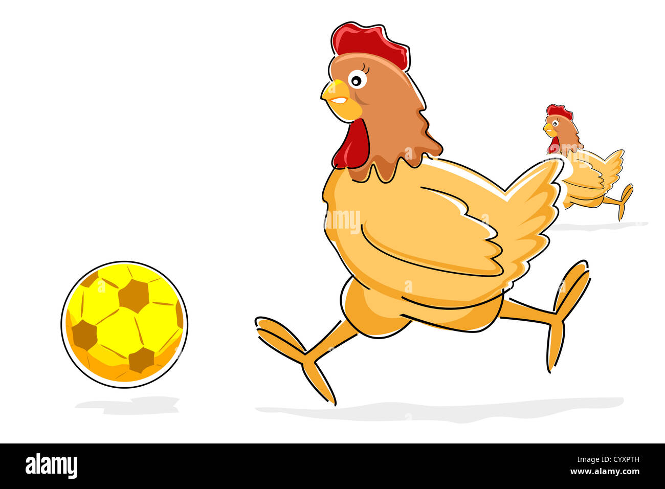 Illustrazione della gallina giocando con il pallone da calcio su sfondo bianco Foto Stock