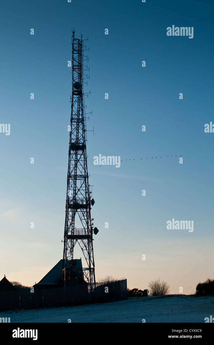 Telefono cellulare il montante contro un profondo cielo blu Foto Stock