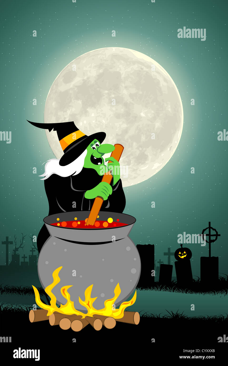 Illustrazione della strega la cottura nella notte di Halloween Foto Stock