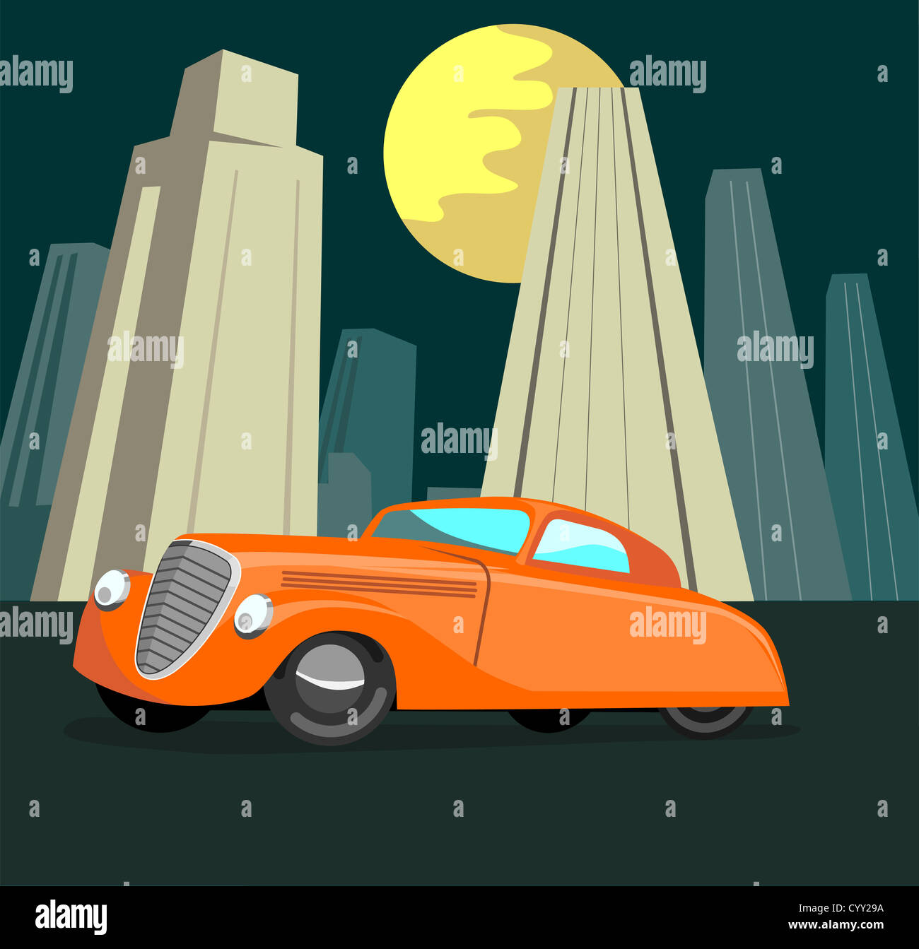 Illustrazione di un vintage automobile con la luna e gli edifici in background. Foto Stock