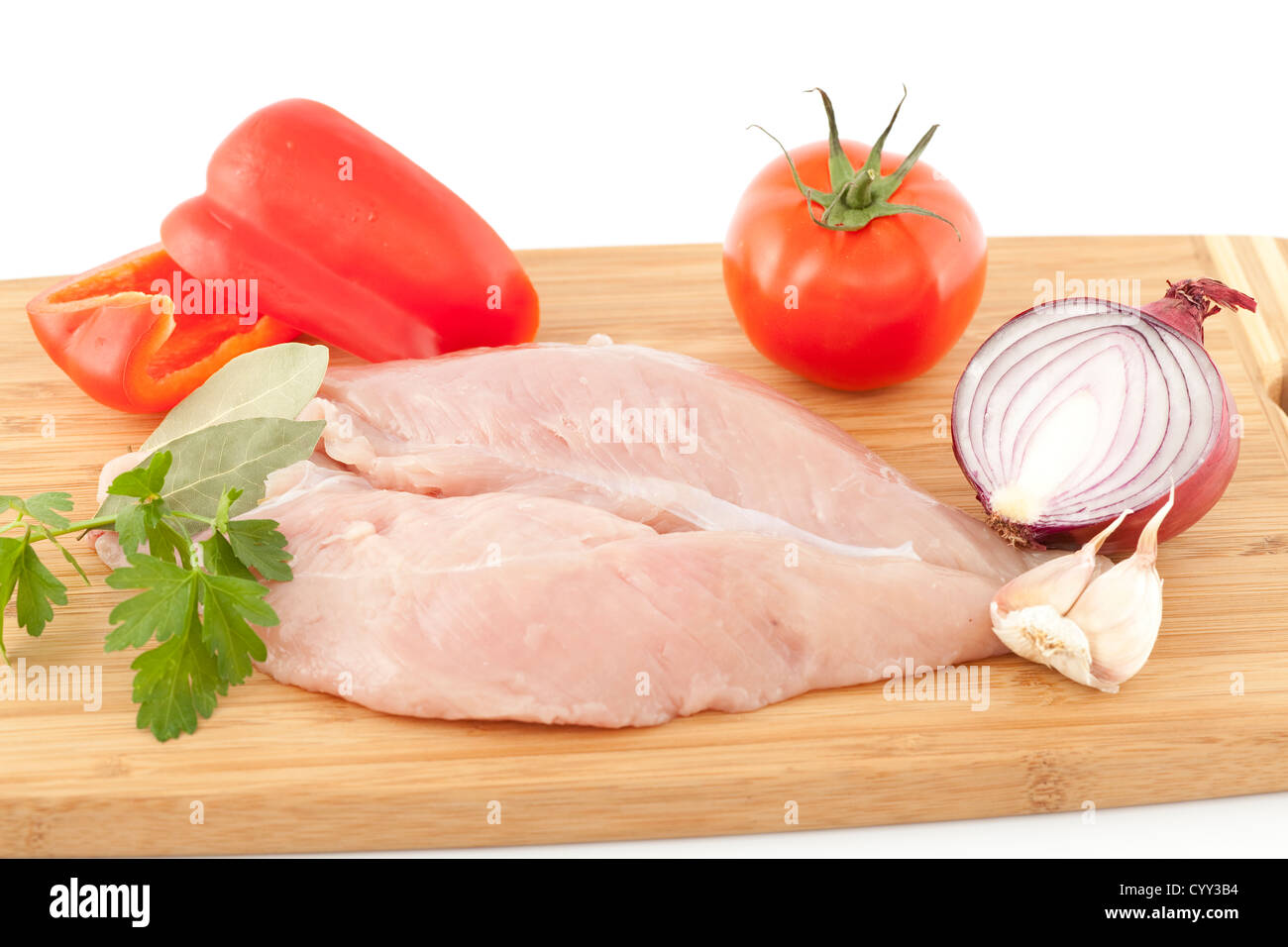 La carne bianca e verdure varie specie sul listone Foto Stock