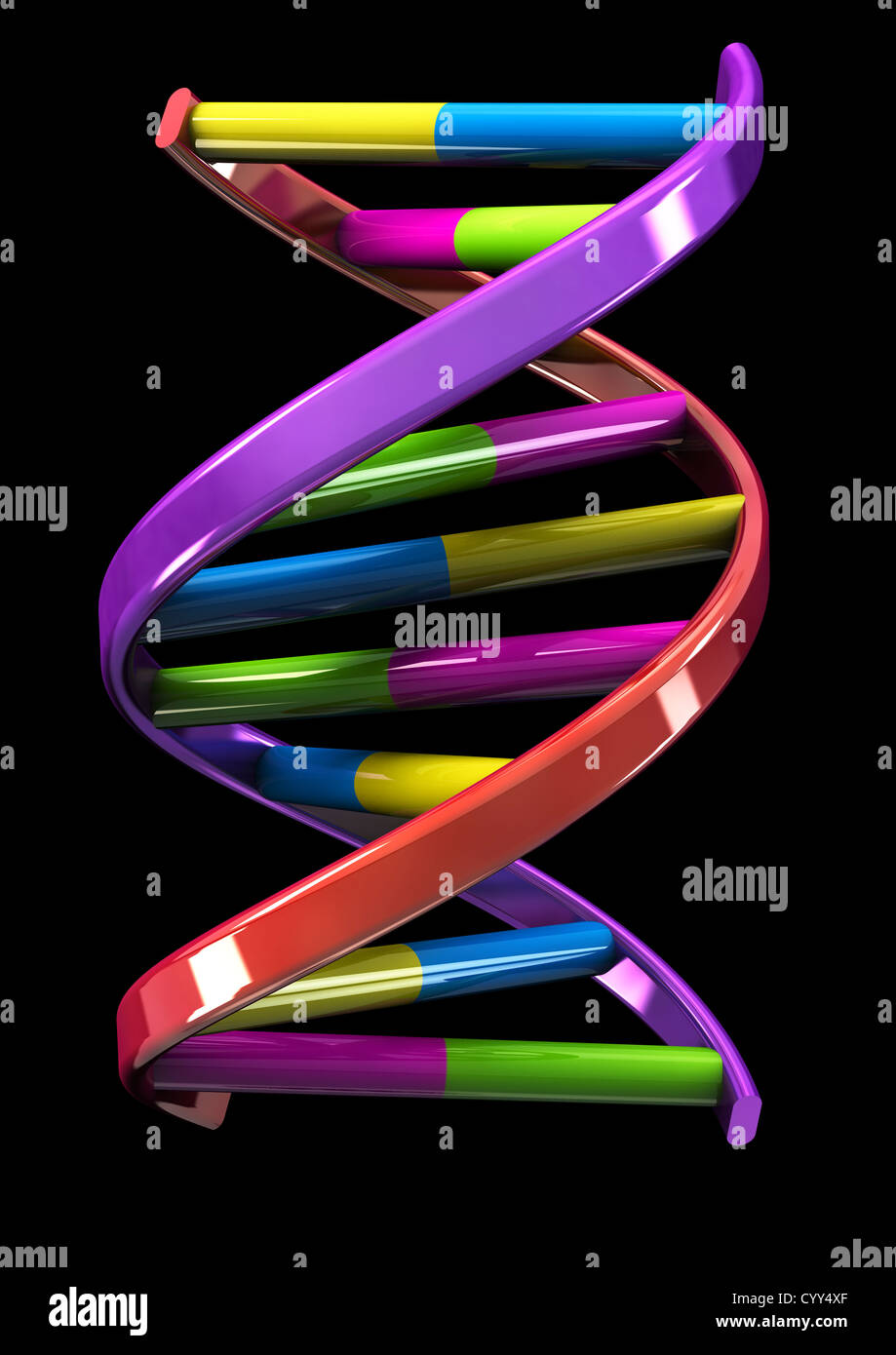 La doppia elica del DNA modello su sfondo nero - 3D render - Concetto di immagine Foto Stock