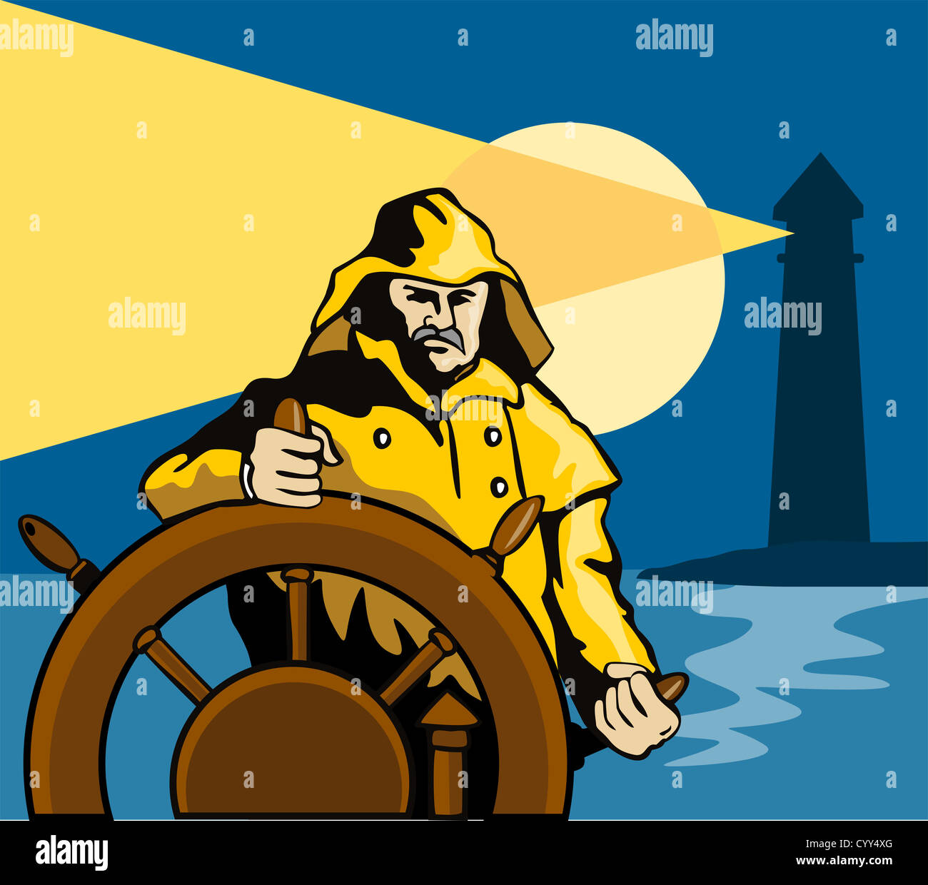 Illustrazione di un pescatore di mare capitano al timone del volante in stile retrò. Foto Stock
