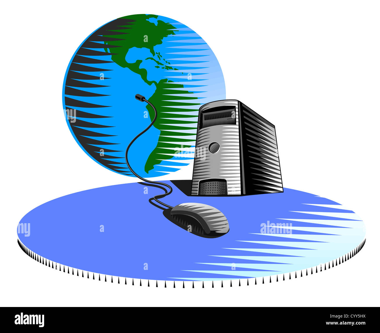 Illustrazione di un computer cablato mouse PC tower collegamento al mondo fatto in stile retrò. Foto Stock