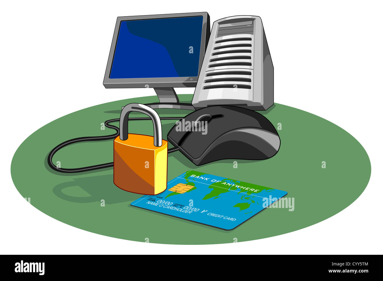 Illustrazione di un computer cablato mouse collegato al monitor PC tower con carta di credito e un lucchetto fatto in stile retrò. Foto Stock