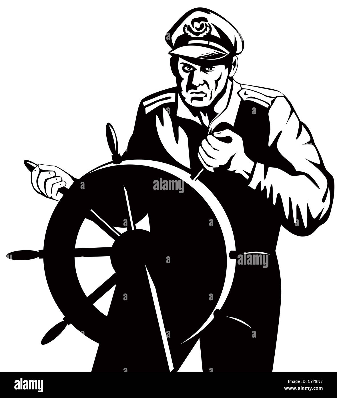 Illustrazione di un pescatore di mare capitano al timone della ruota di fatto in stile retrò Foto Stock