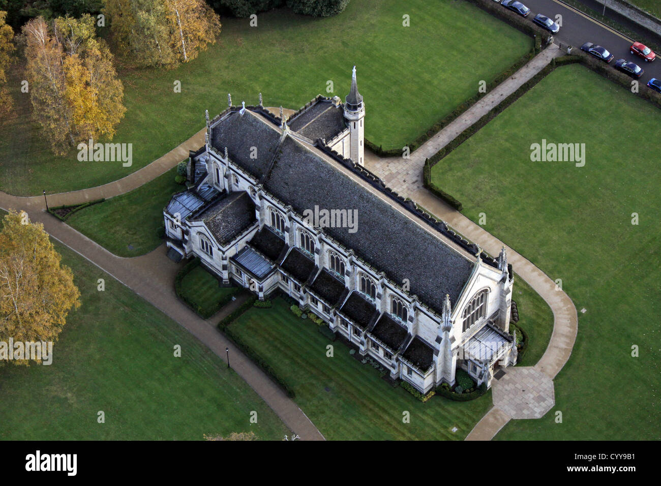 Veduta aerea della Cappella di Sant'Antonio, o talvolta conosciuta come Oundle School Chapel, Northamptonshire Foto Stock