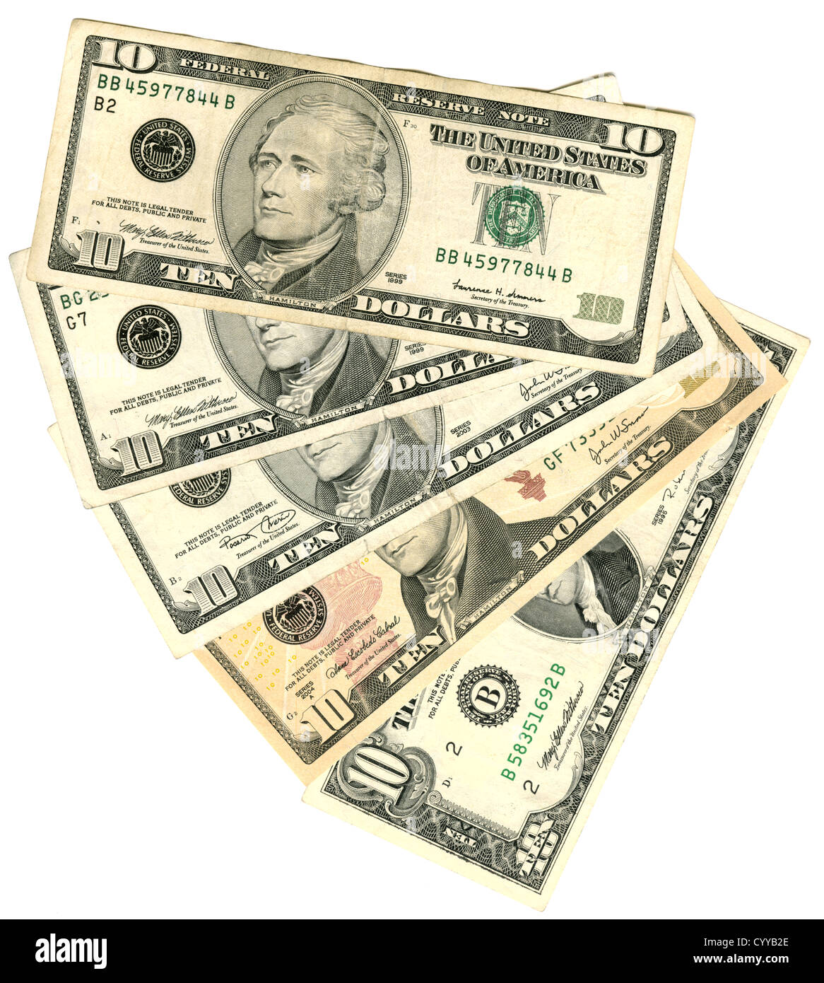 Cinquanta dollari in banconote di dieci isolati su bianco Foto Stock
