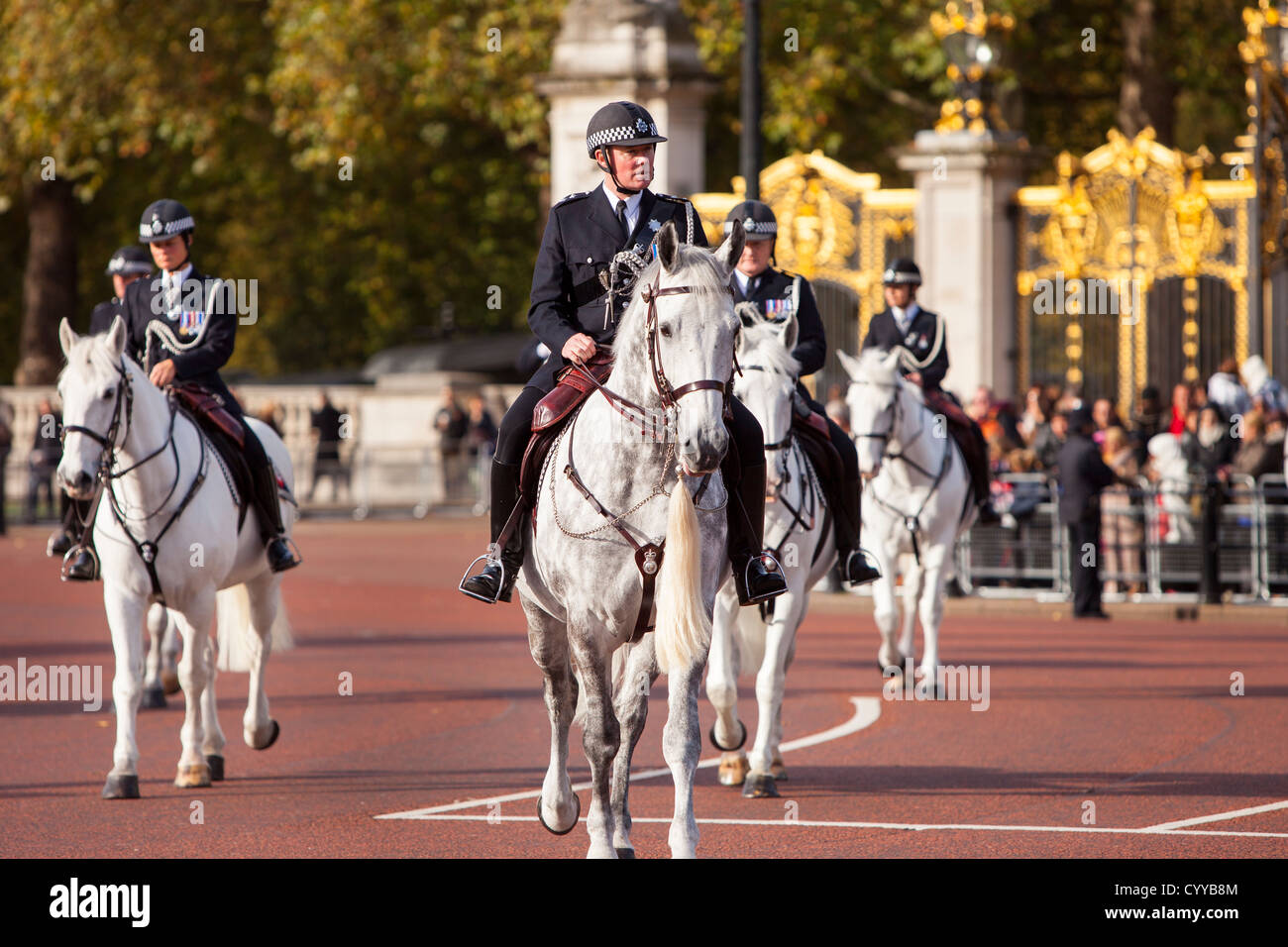 Polizia montata dettaglio a Buckingham Palace di Londra Inghilterra, Regno Unito Foto Stock