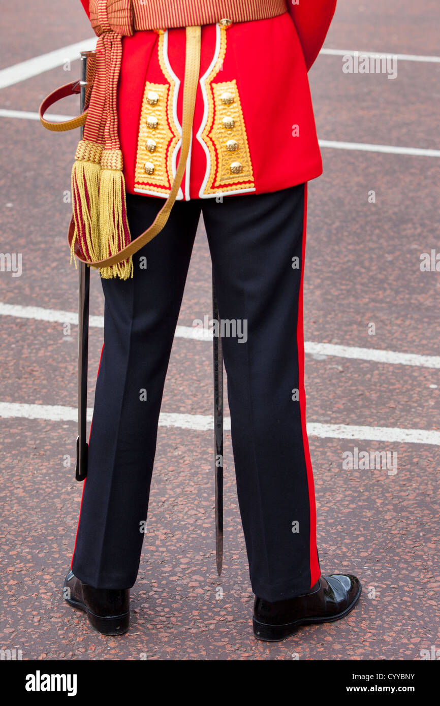 Dettaglio uniforme di un membro della guardia scozzese a Buckingham Palace di Londra Inghilterra, Regno Unito Foto Stock