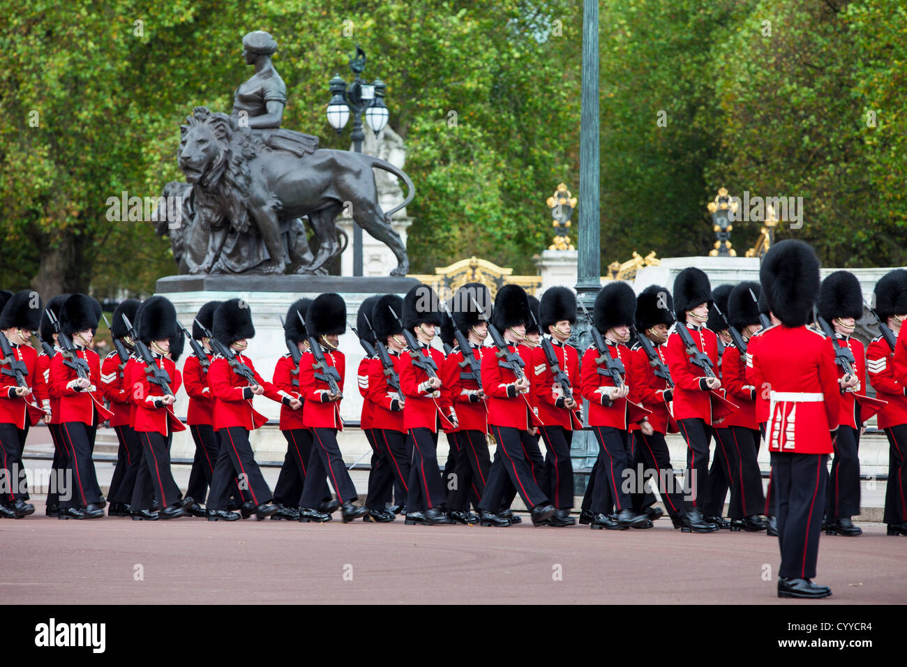 Membri della Guardia scozzese sulla parata a Buckingham Palace di Londra Inghilterra, Regno Unito Foto Stock