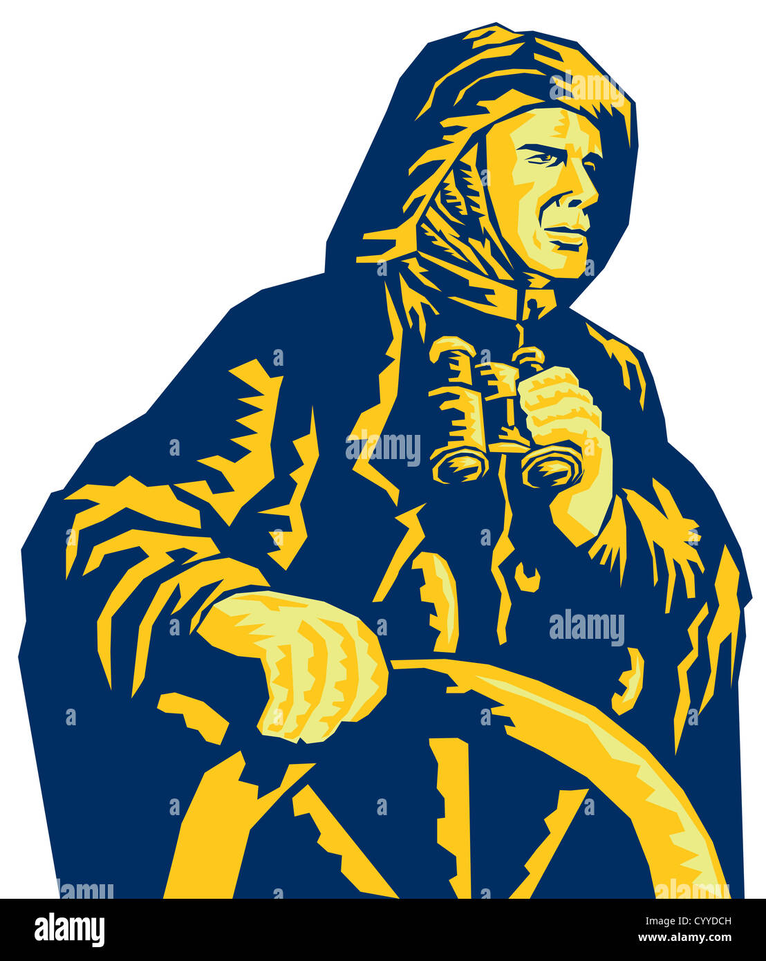 Illustrazione di un pescatore di mare capitano al timone della ruota di fatto in stile retrò Foto Stock