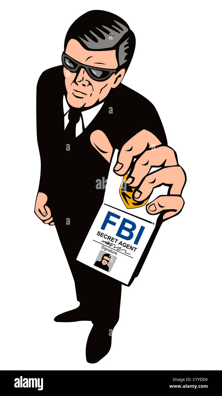 Illustrazione di un agente dei servizi segreti di guardia del corpo che mostra permanente di identificazione ID card. Foto Stock
