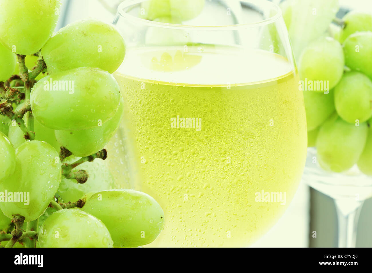 Bianco di succo d'uva in bicchieri di vino con uve fresche. Foto Stock