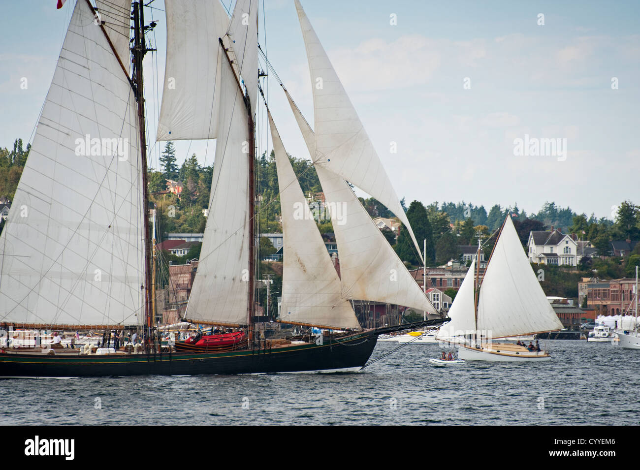 Durante il Port Townsend Imbarcazione in legno Festival una goletta gara si è tenuto con molti legno storico Tall navi e barche a vela. Foto Stock