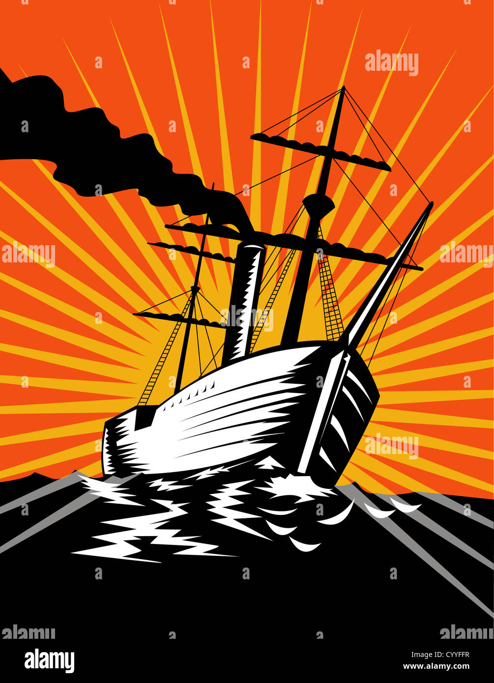 Illustrazione di un passeggero con una nave a vela realizzato in stile retrò Foto Stock