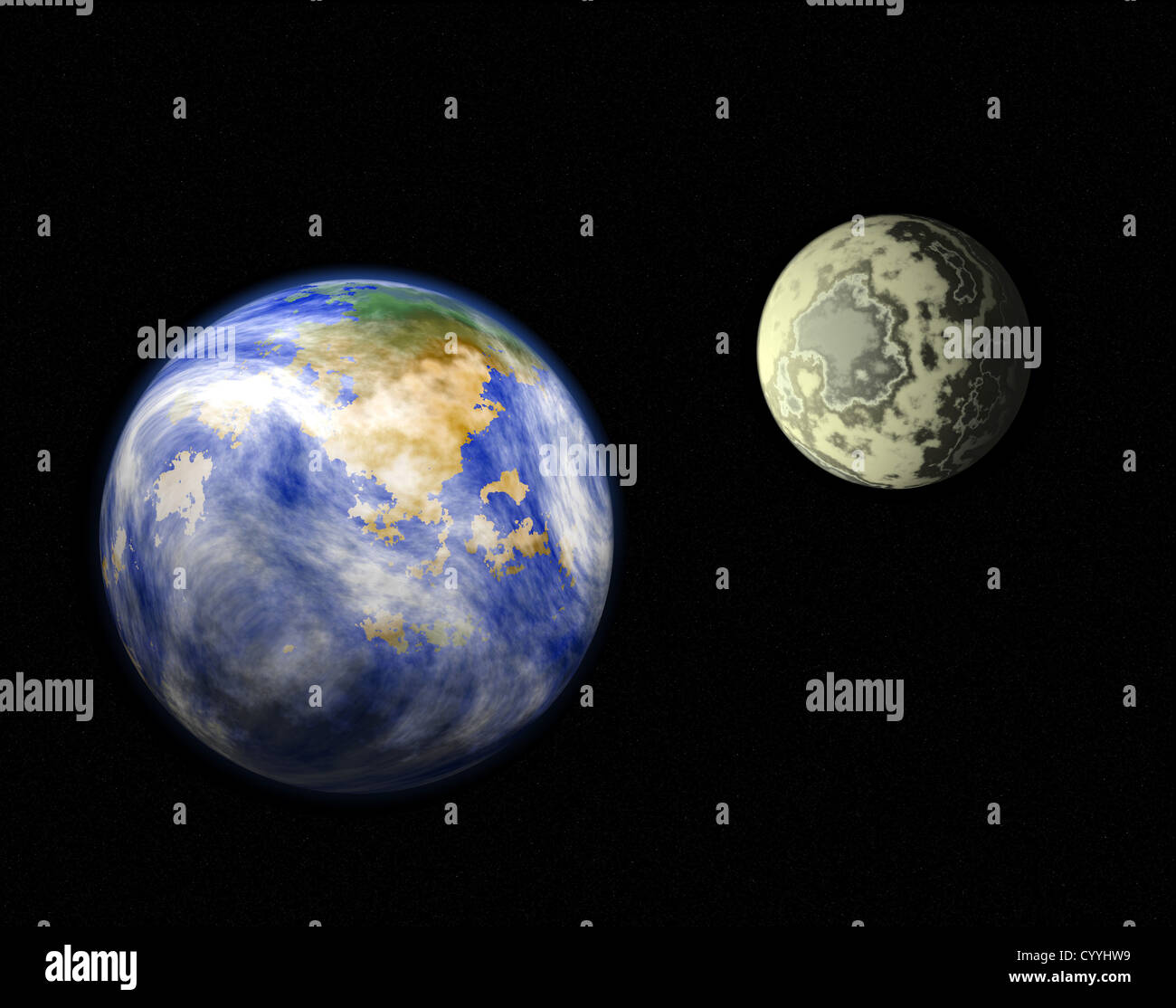 Illustrazione che mostra il pianeta Terra e la luna Foto Stock