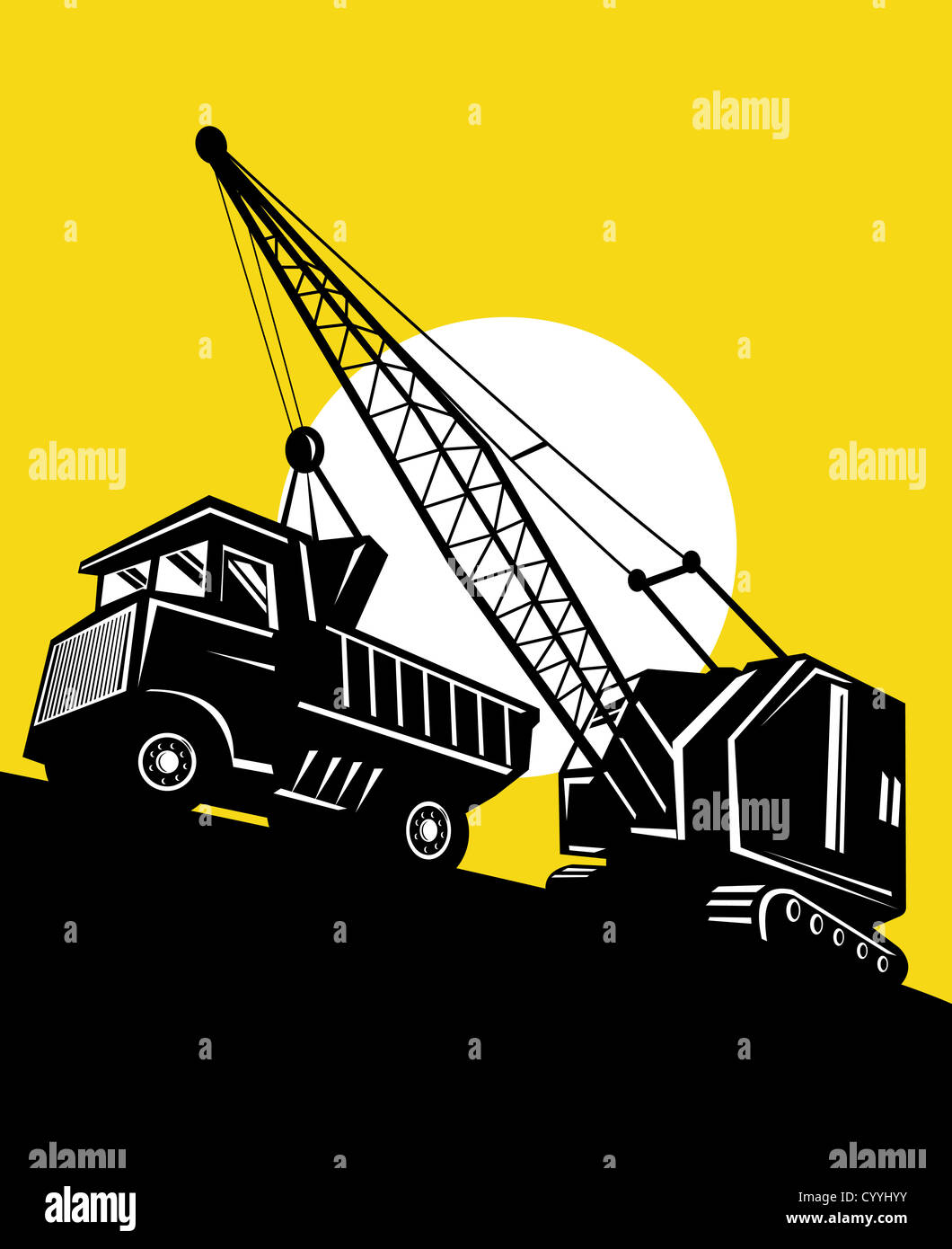 Illustrazione di braccio gru mining camion fatto rétro xilografia stile. Foto Stock