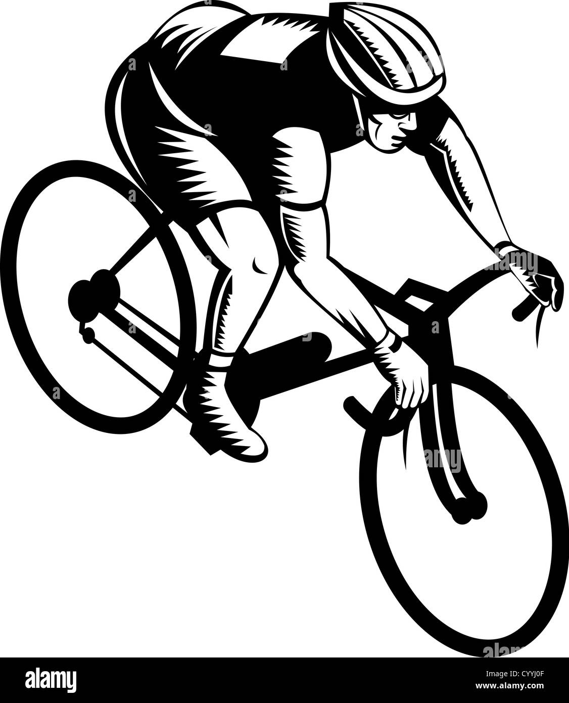 Illustrazione di un ciclista uomo equitazione Bicicletta da corsa fatto in stile retrò isolato su sfondo bianco Foto Stock