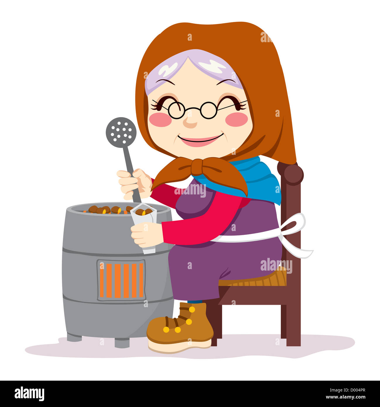 Vecchia donna senior per la cottura tradizionale di castagne arrosto seduto in poltrona Foto Stock