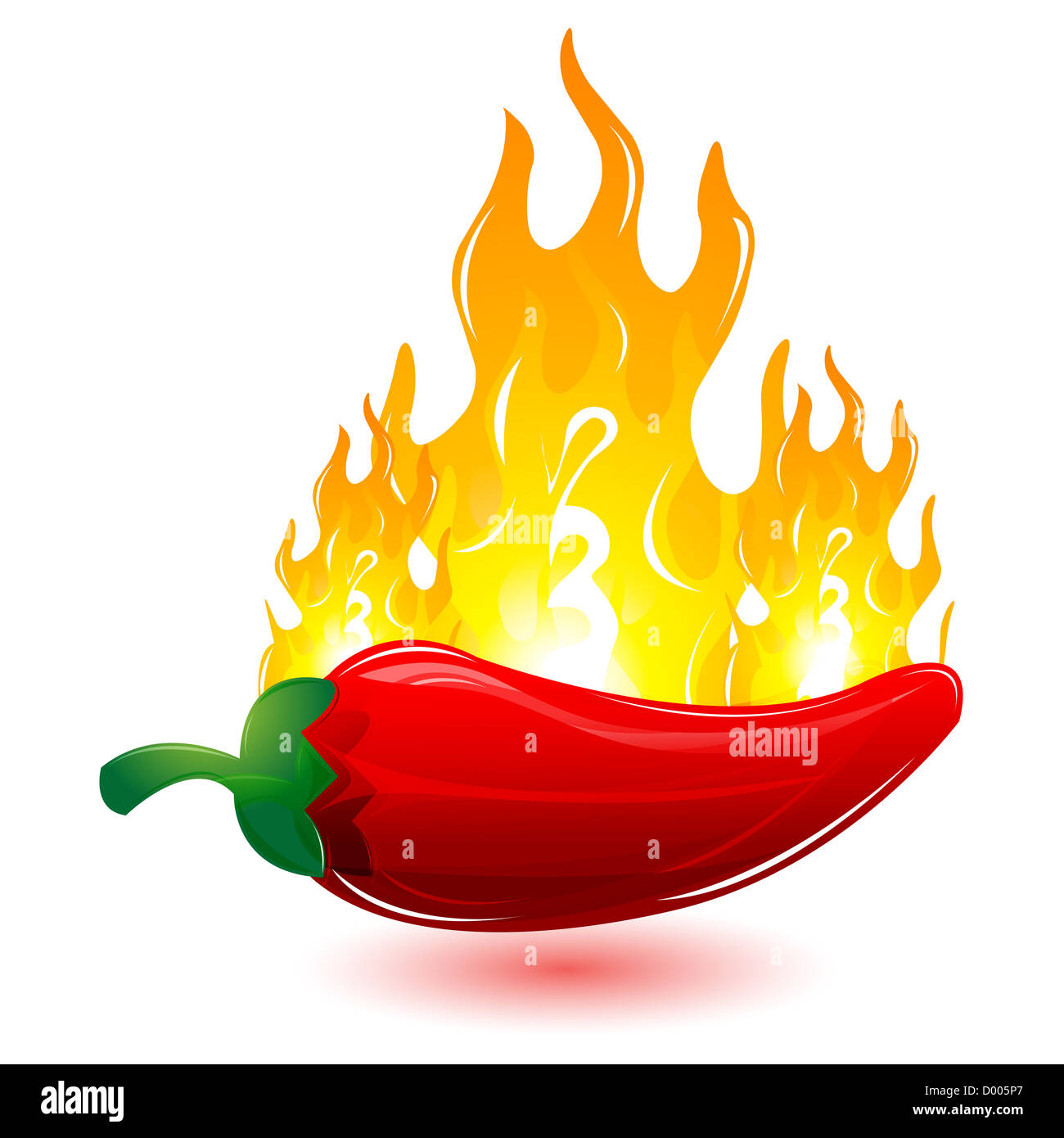 Illustrazione di peperoncino rosso con il fuoco su sfondo bianco Foto Stock