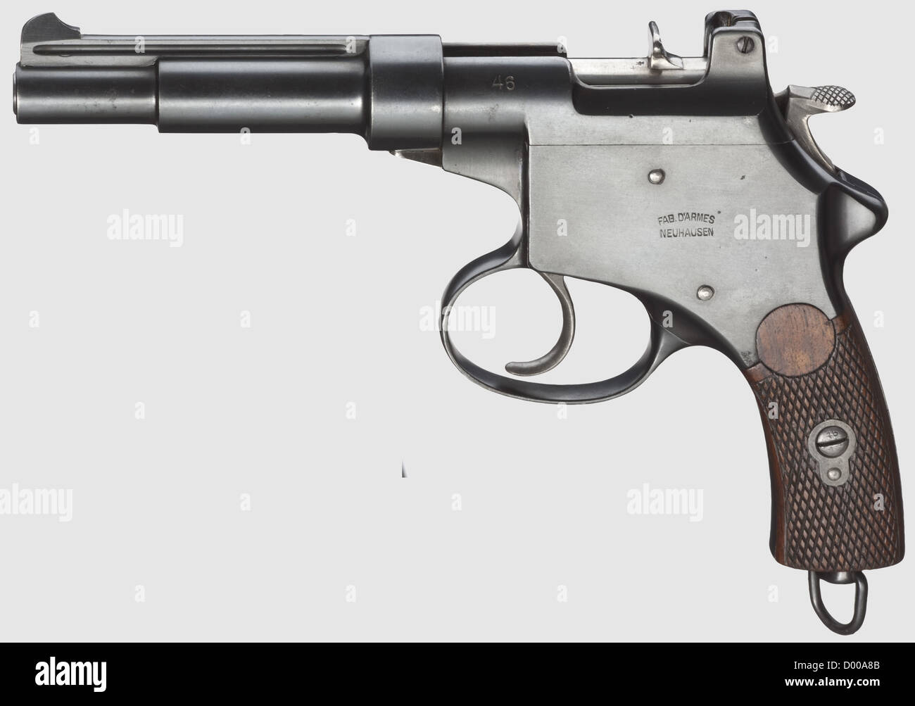 Mannlicher Mod.1894,tipo svizzero,cal.6.5 mm Mannlicher,no.46.numeri corrispondenti.foro luminoso,lunghezza canna 170 mm.caricatore a cinque scatti con manico interno.Self.Blowback con cilindro a soffiatura diretta.grilletto a doppia azione.prodotto da 'FAB.D'ARMES NEUHAUSEN'.completo bluing spazzolato,contemporaneo non verificabile in modo sicuro,grilletto in noce grigio e grilletto loop.Complete.su battente con grilletto nero e grilletto nero Fissato all'interno in basso sul pannello sinistro.A r,ulteriori-diritti-clearance-non disponibile Foto Stock Mannlicher Mod.1894,tipo svizzero,cal.6.5 mm Mannlicher,no.46.numeri corrispondenti.foro luminoso,lunghezza canna 170 mm.caricatore a cinque scatti con manico interno.Self.Blowback con cilindro a soffiatura diretta.grilletto a doppia azione.prodotto da 'FAB.D'ARMES NEUHAUSEN'.completo bluing spazzolato,contemporaneo non verificabile in modo sicuro,grilletto in noce grigio e grilletto loop.Complete.su battente con grilletto nero e grilletto nero Fissato all'interno in basso sul pannello sinistro.A r,ulteriori-diritti-clearance-non disponibile Foto Stock
