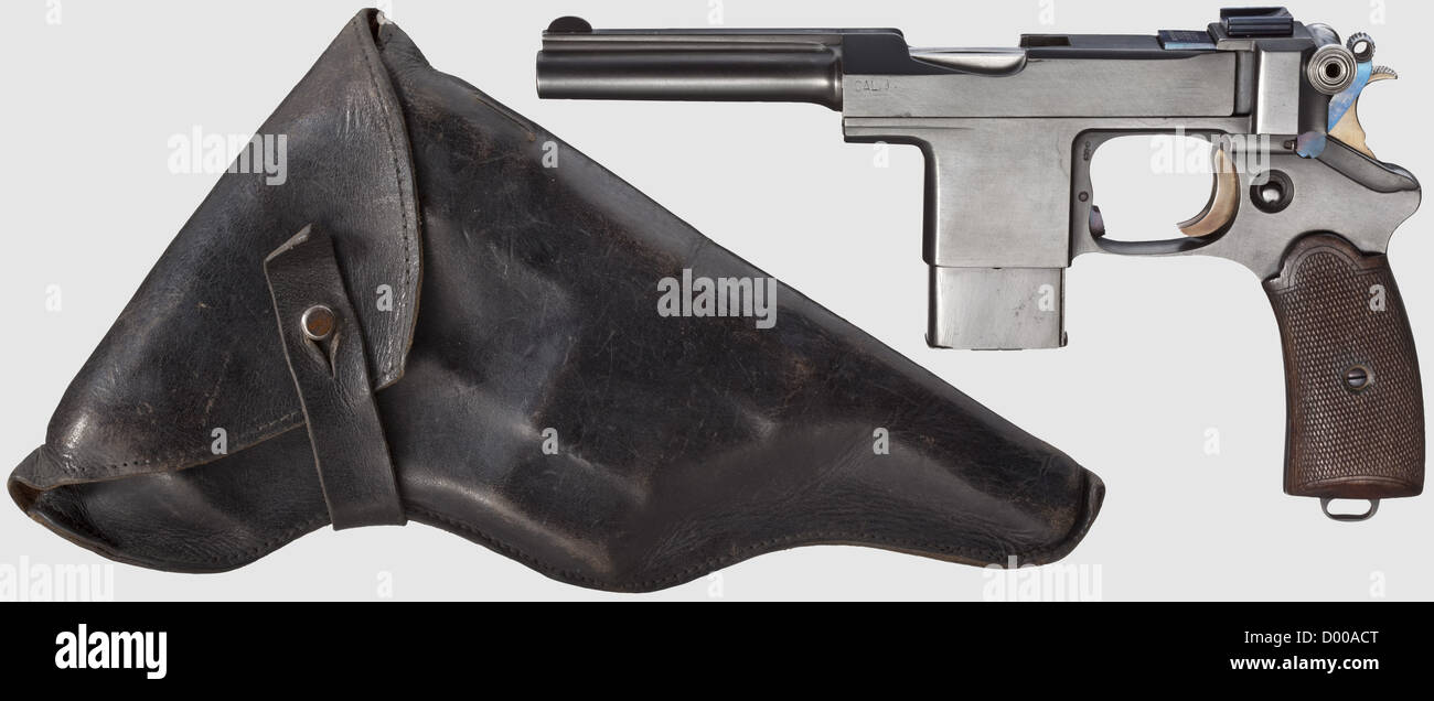 Un modello Bergmann Marte, con fondina, cal. 9 mm Bergmann, n. 637. Foro quasi luminoso. Sei scatti. Contrassegno di prova doppia corona/U'. Sul lato sinistro dell'alloggiamento della camera contrassegnato con 'CAL.9', sul fermo contrassegnato con 'BERGMANN / MARS / PAT.BREV. / S.G.D.G.'. Rifinito. Piccole parti giallo e blu. Pannelli di presa in noce scuro. Rivista con n. 783. Viene fornita con custodia coordinata realizzata in sottile pelle nera con gancio per cintura. Un articolo da collezione molto raro! Erwerbsscheinpflichtig,storico,storico,XX secolo,pistola civile,pistole civili,portatile,pistola,pistole,armi da fuoco,armi da fuoco,fi,diritti aggiuntivi-clearences-non disponibile Foto Stock