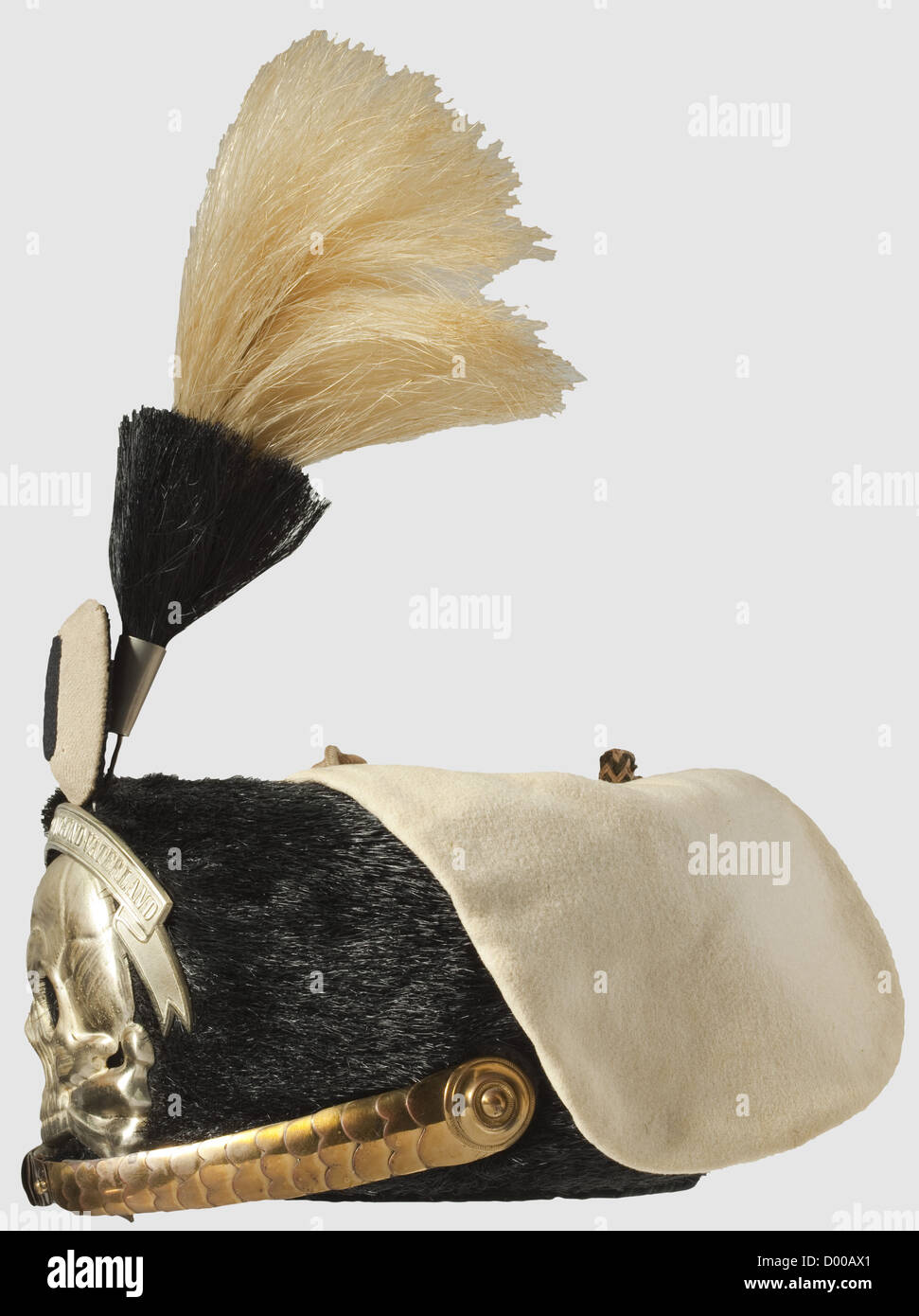 Un busby per sergente, del 2 ° Reggimento Hussar vita. Pelliccia nera di tenuta, borsa in tessuto bianco, linee di chiusura, spirale ricurva di terra, dispositivo di cranio argentato in metallo bianco. Cinscale convesse fissate a rosette, scarafaggi non commissionati, insegne da campo con pennarello bianco-nero. Rivestimento in seta. Pezzo acquistato privatamente,storico,storico,XIX secolo,Prussia,tedesco,Germania,militaria,militare,oggetto,oggetti,still,clipping,clippings,taglio,taglio,taglio,uniforme,uniformi,vestiti,capo,testiera,testiere,diritti aggiuntivi-clearences-non disponibile Foto Stock