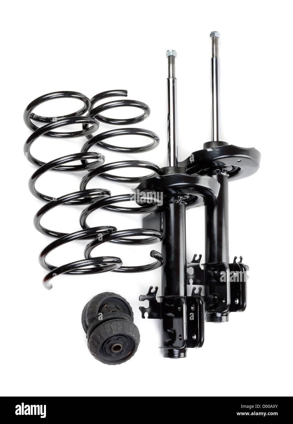 Set di ammortizzatori e molle e cuscinetti reggispinta isolati su sfondo bianco Foto Stock
