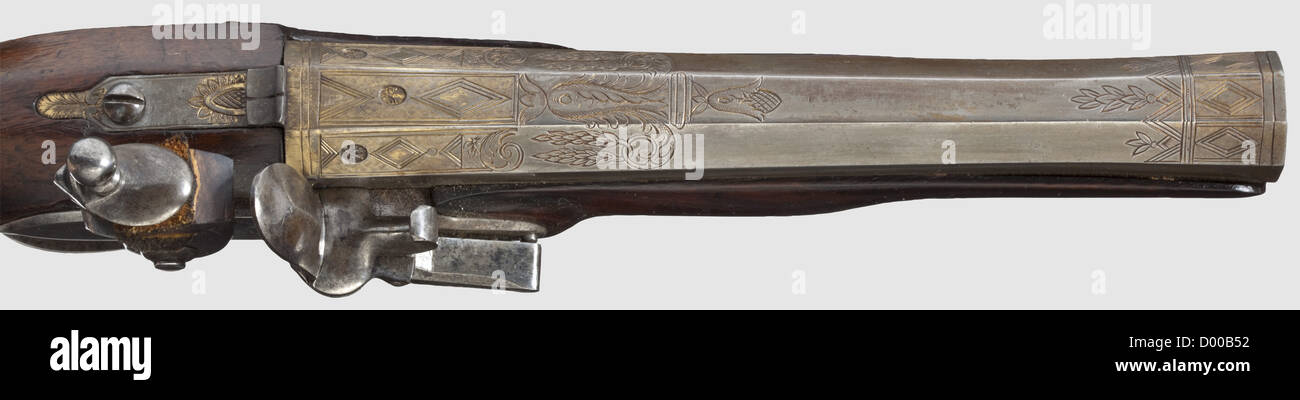 Un paio di pistole flintlock francesi, Boutet, Versailles, circa 1800. Barilotti ottagonali rigati con rigatura in microsagola, calibro 17 mm. Il marchio "LC" per Leclerc (Stöckel n° 182) è stampigliato tre volte su ogni camera in incisioni ornamentali con residui di doratura. Flintlock lisci con firma "BOUTET". Scorte di noce con bottoni a scacchi e mobili in ferro liscio. aste di ricambio. Lunghezza di ogni 34 cm, storico, storico, 19 ° secolo, pistola civile, pistole civili, portatile, pistola, armi da fuoco, armi da fuoco, armi da fuoco, armi, armi, arma, a, diritti aggiuntivi-clearences-non disponibile Foto Stock