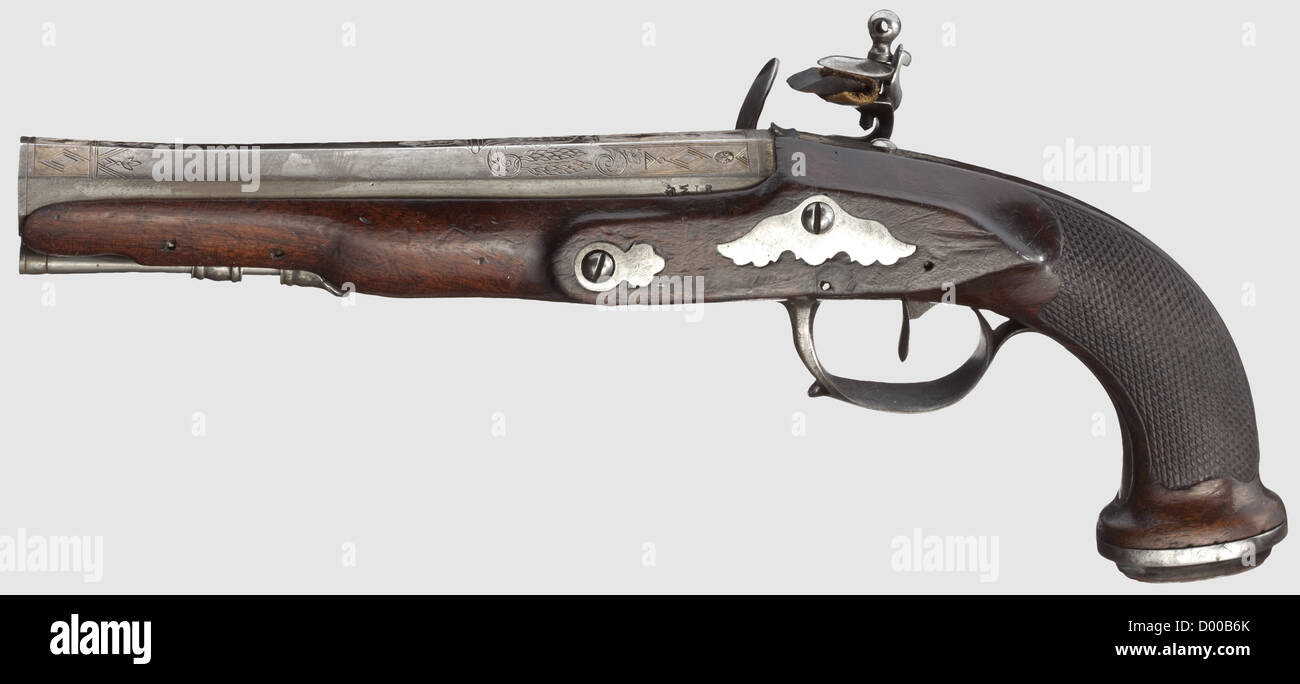 Un paio di pistole flintlock francesi, Boutet, Versailles, circa 1800. Barilotti ottagonali rigati con rigatura in microsagola, calibro 17 mm. Il marchio "LC" per Leclerc (Stöckel n° 182) è stampigliato tre volte su ogni camera in incisioni ornamentali con residui di doratura. Flintlock lisci con firma "BOUTET". Scorte di noce con bottoni a scacchi e mobili in ferro liscio. aste di ricambio. Lunghezza di ogni 34 cm, storico, storico, 19 ° secolo, pistola civile, pistole civili, portatile, pistola, armi da fuoco, armi da fuoco, armi da fuoco, armi, armi, arma, a, diritti aggiuntivi-clearences-non disponibile Foto Stock