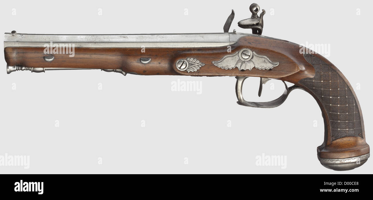 Un paio di pistole flintlock belghe, Harze a Liegi, circa 1810. Canne ottagonali, leggermente rigonfite ai muso, fori rifilati in calibro 13 mm. Linguette leggermente incise. Flintlock con rullo frizzen. Scorte di noce con mobili in ferro e bastoncini in ferro con punte a forma di cintura. Un stock con cricche di tensione intorno alla museruola, l'altro riparato sapientemente intorno alla zona di blocco e muso. Lunghezza 35 cm, storico, storico, XIX secolo, pistola civile, pistole civili, portatile, pistola, armi, arma da fuoco, armi da fuoco, armi da fuoco, armi, armi, armi, armi, armi, oggetti,, diritti aggiuntivi-clearences-non disponibile Foto Stock