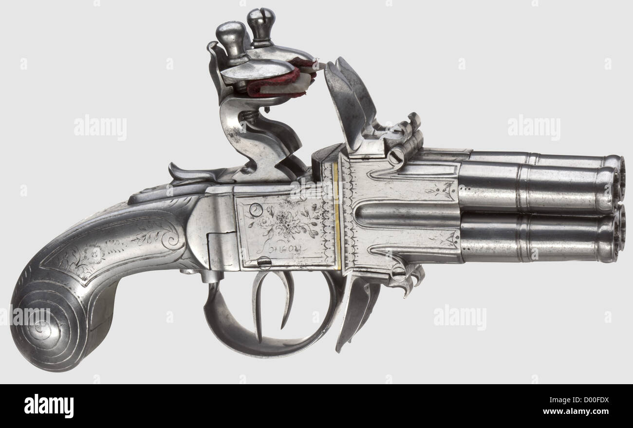 Un paio di pistole tascabili a flintlock turn-over belghe con quattro barili, Segallas, Liegi, circa 1800. Canne rotonde a vite, calibro 8 mm, con false mucciole a fucile e cannone. Serrature con incisione floreale e cassaforte scorrevole, sui lati inscritte 'Segallas London'. Ferro, nuts con incisione a floralmente. Protezioni a molla per il grilletto per rilasciare il meccanismo di capovolgerlo. Lunghezza 16 cm ciascuno, storico, storico, 19 ° secolo, pistola civile, pistole civili, portatile, pistola, armi da fuoco, armi da fuoco, armi da fuoco, armi, armi, armi, armi, armi, armi, oggetti, oggetti, fermi, clippi, diritti aggiuntivi-clearences-non disponibile Foto Stock