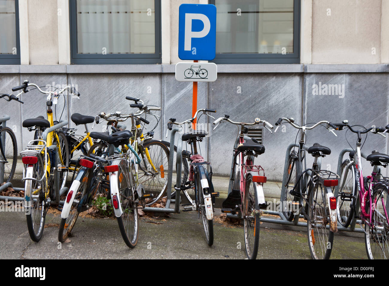 Uno dei molti parcheggio bici rack progettato per il trasporto di biciclette. Ghent, Belgio. Foto Stock