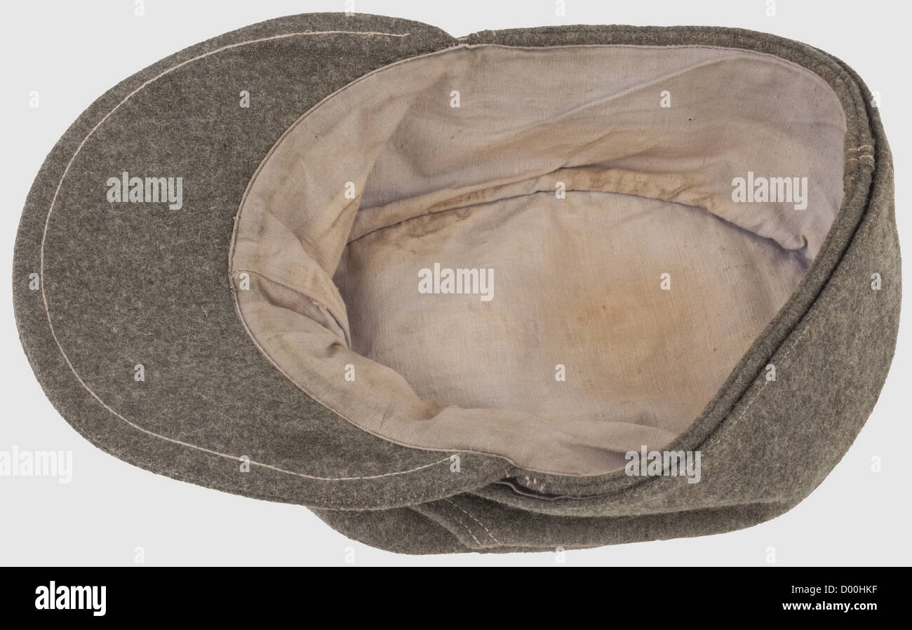 Un tappo a picco per i capi delle truppe di montagna, di materiale di lana grigio di campo con tubature d'argento e bottoni di metallo grigio di campo, liner di lino leggero (sbiadito). Badge nazionale Bevo a forma di trapezio, tessuto grigio-argento su sfondo grigio-campo. Macchina ricamata Edelweiss,storico,storico,anni trenta,anni trenta,XX secolo,Waffen-SS,divisione armata delle SS,servizio armato,servizi armati,NS,nazionalsocialismo,nazismo,terzo Reich,Germania,militare,militare,utensil,attrezzatura,utensili,oggetto,oggetti,fermi,clippings,taglio,diritti aggiuntivi-non disponibili Foto Stock