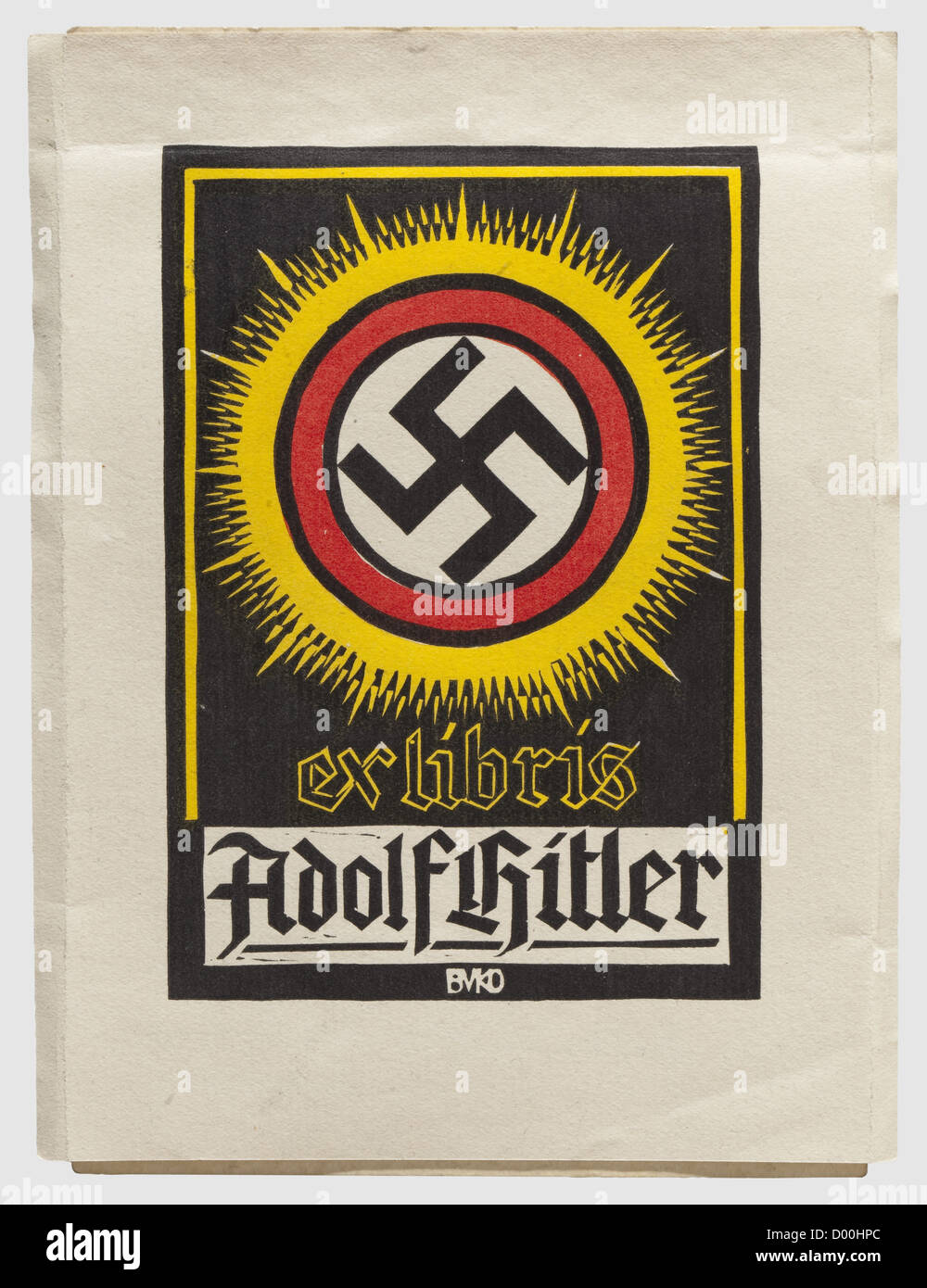 Jacques Buser-Kobler(BUKO)- UN bookplate (ex libris) e un autografo Adolf Hitler, il bookplate in xilografia a tre colori su carta fatta a mano, firmato 'BUKO', 14.5 x 11 cm. Attaccata al bordo superiore sul retro di una carta rilievo dell'artista 'Volkskanzler Adolf Hitler' con un medaglione dorato che mostra un busto di Hitler e la firma di Hitler con inchiostro 'Adolf Hitler - den 16/Juni 1933'. Sono incluse la rara cartolina Hoffmann 'Landesgruppenleiter Gustloff'(tracce di colla inversa) e sei scene svizzere acquerelli in formato cartolina (non firmato, ma lik, diritti aggiuntivi-clearences-non disponibile Foto Stock