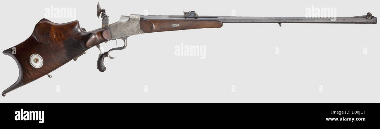 Un tedesco sport carabina, H. Münch in Aachen 1929,cal. 8.15 x 46 R, n. 4452,numeri corrispondenti incl. vista posteriore con apertura. Cilindro ottagonale con foro a specchio, corona di prova/'NBUG' 9.29,piatto di avvistamento lavorato a macchina,firma 'PRIMA WITTENER STAHL',firma Münch,lunghezza canna 80 cm,campo visivo,apertura posteriore. Action 'ORIGINAL BÜCHEL MEISTER', trigger di set multiplo, leva di azione con bilance di presa in plastica nera (leggermente danneggiate) e leva di bloccaggio separata, parti di azione rinforzate con custodia colorata, il ricevitore inscritto sul lato sinistro 'EFB LUNA'. Bella,diritti-aggiuntivi-clearences-non disponibile Foto Stock Un tedesco sport carabina, H. Münch in Aachen 1929,cal. 8.15 x 46 R, n. 4452,numeri corrispondenti incl. vista posteriore con apertura. Cilindro ottagonale con foro a specchio, corona di prova/'NBUG' 9.29,piatto di avvistamento lavorato a macchina,firma 'PRIMA WITTENER STAHL',firma Münch,lunghezza canna 80 cm,campo visivo,apertura posteriore. Action 'ORIGINAL BÜCHEL MEISTER', trigger di set multiplo, leva di azione con bilance di presa in plastica nera (leggermente danneggiate) e leva di bloccaggio separata, parti di azione rinforzate con custodia colorata, il ricevitore inscritto sul lato sinistro 'EFB LUNA'. Bella,diritti-aggiuntivi-clearences-non disponibile Foto Stock