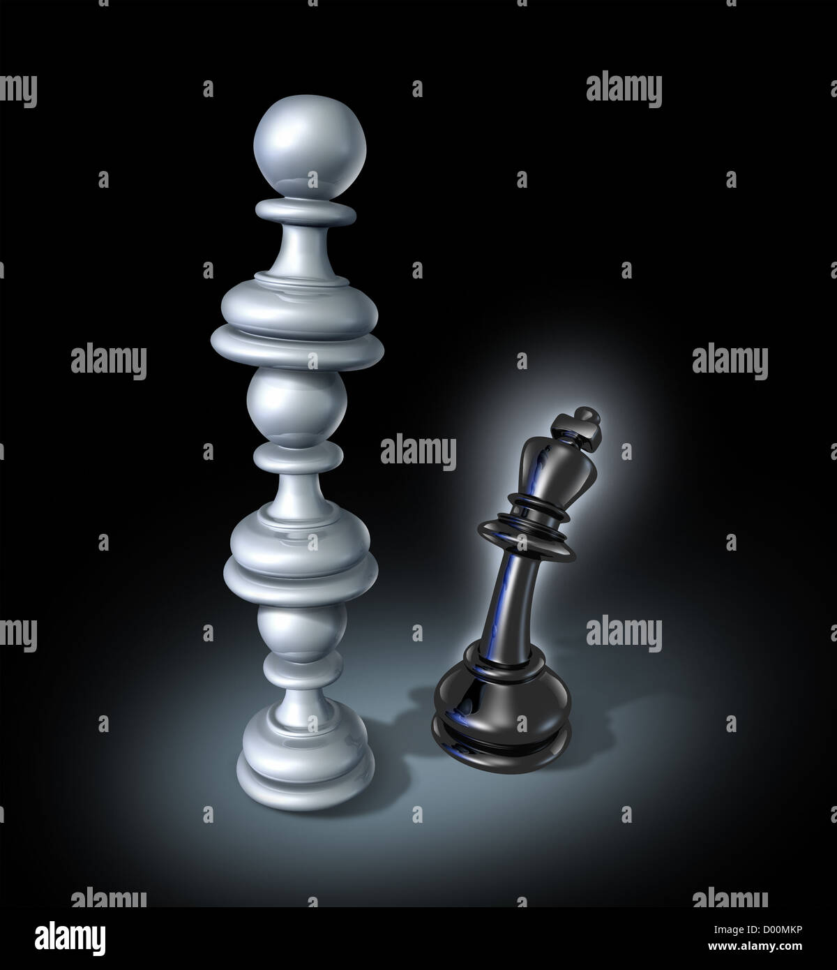 Teaming in su come un attività organizzata team per un potente avversario con tre pedine scacchi impilate una sull'altra formando una partnership forte che sovrasta il temibile re come una strategia vincente. Foto Stock