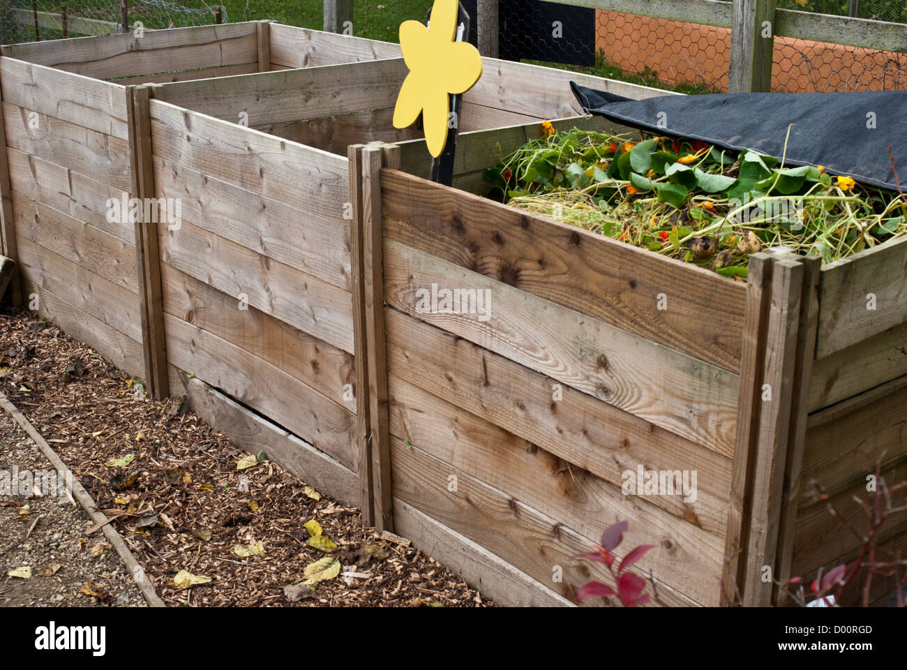 Un di legno tre bay compost bin Foto Stock