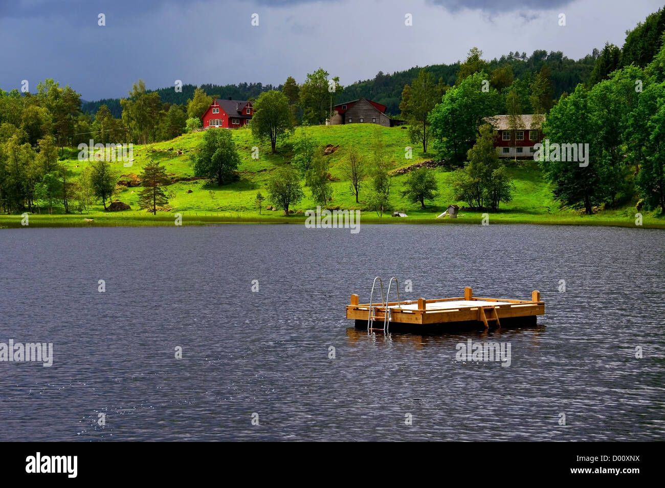 Pontile galleggiante per nuotatori in un lago Foto Stock