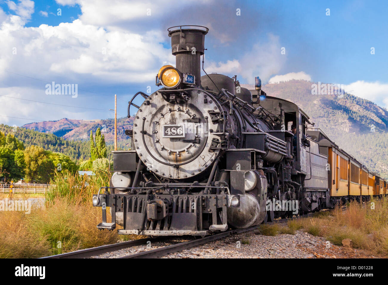 1925 Baldwin locomotiva a vapore, 2-8-2 configurazione, Mikado tipo, tirando storico automotrici classic in attraversamento di Trimble Foto Stock