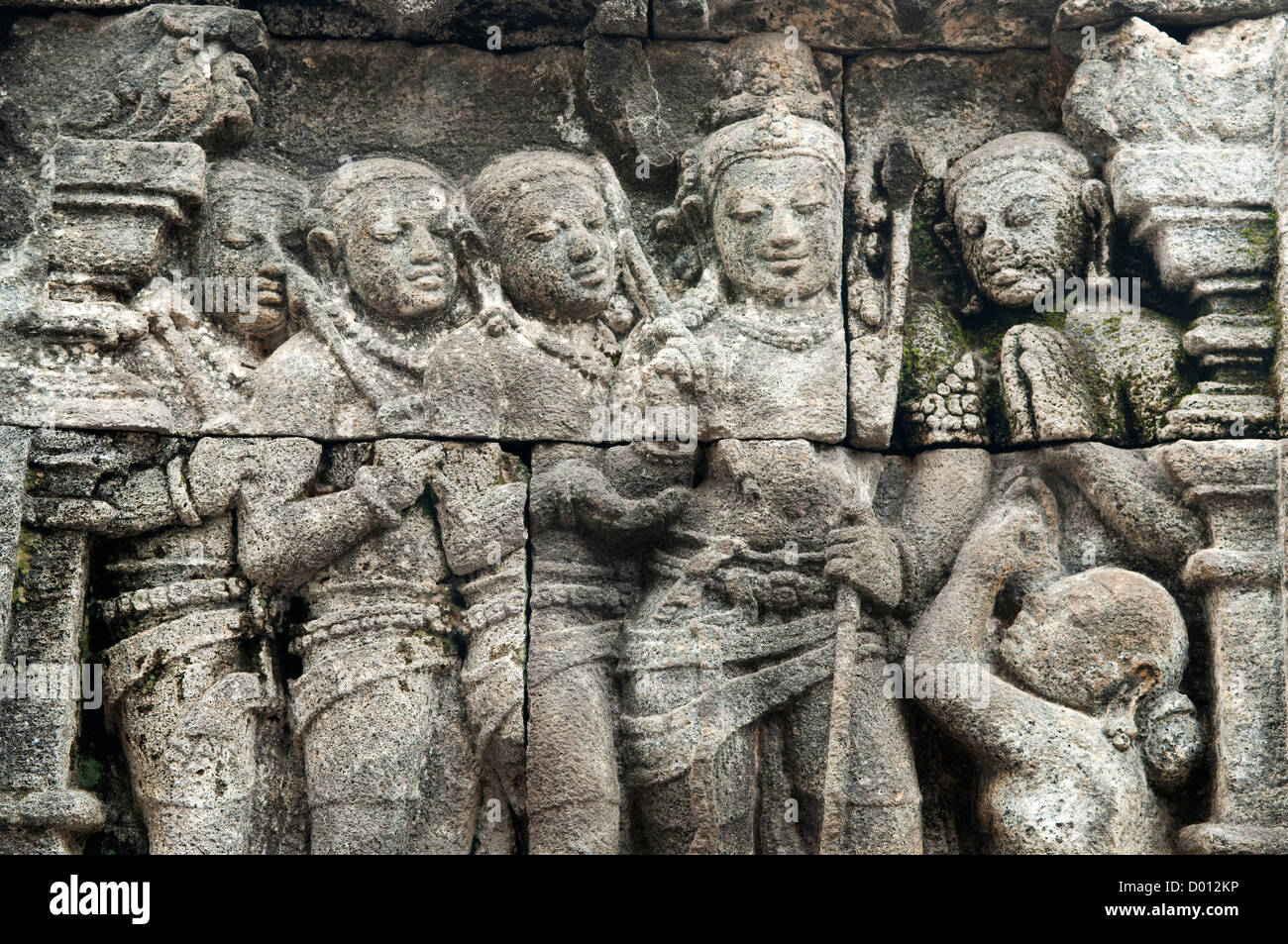 Dettaglio del rilievo scolpite a Borobudur su Java, Indonesia. Foto Stock