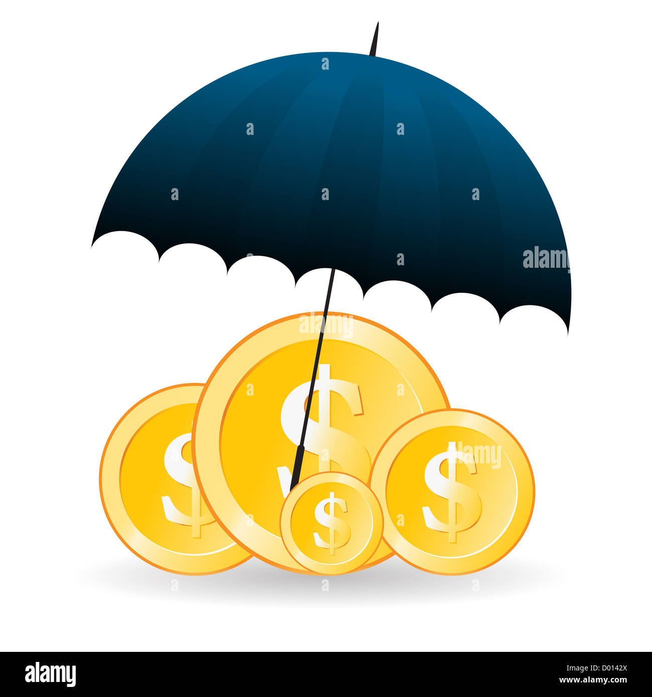 Illustrazione Vettoriale di vari oro dollaro monete coperto con ombrello. Foto Stock