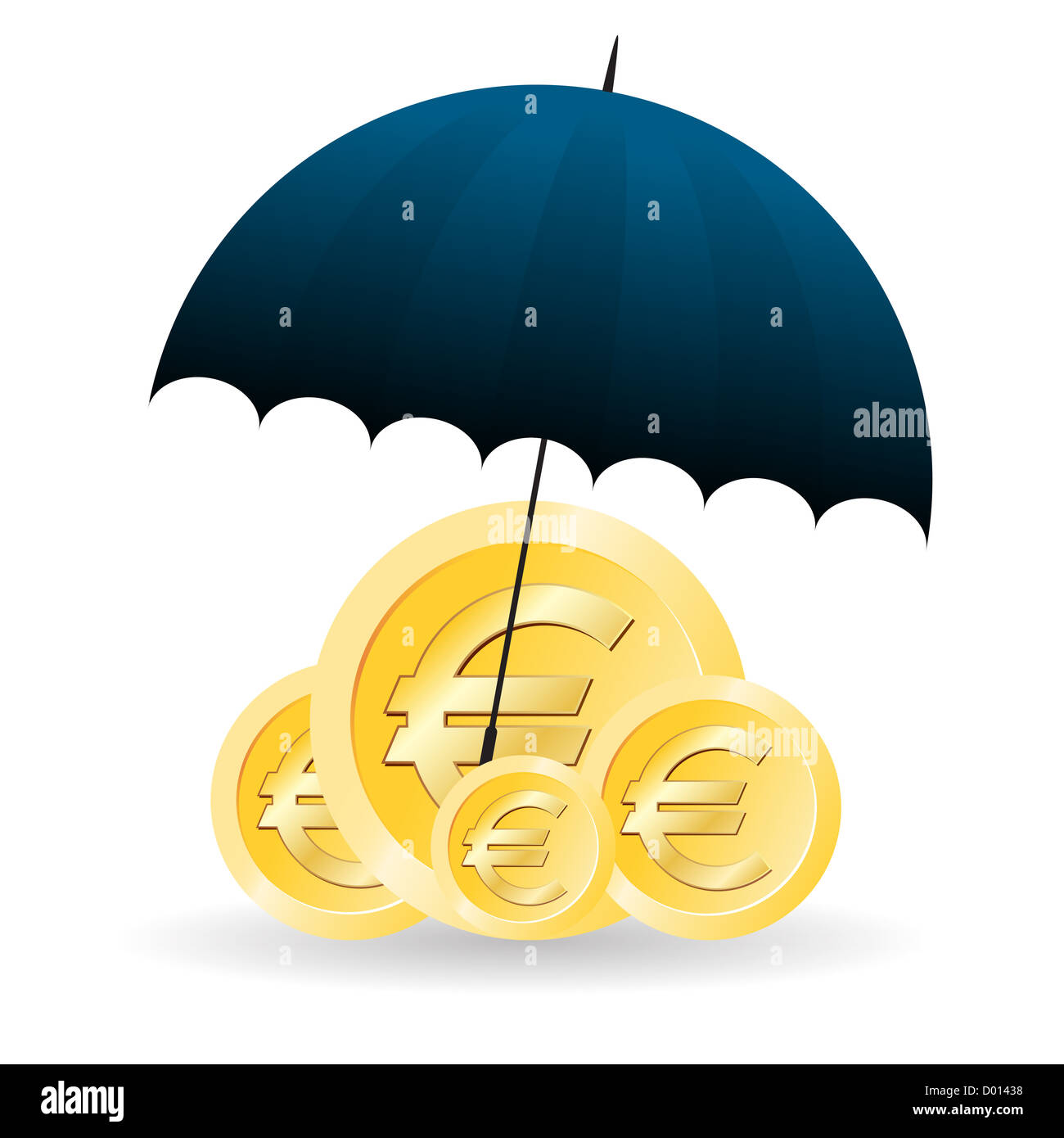 Illustrazione Vettoriale di oro diverse monete in euro coperti con ombrello. Foto Stock