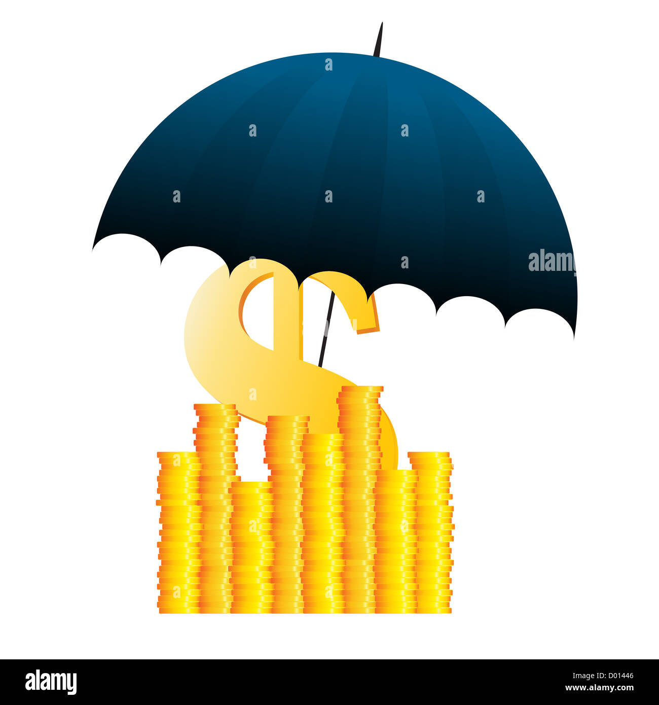 Illustrazione Vettoriale di vari oro dollaro monete coperto con ombrello. Foto Stock