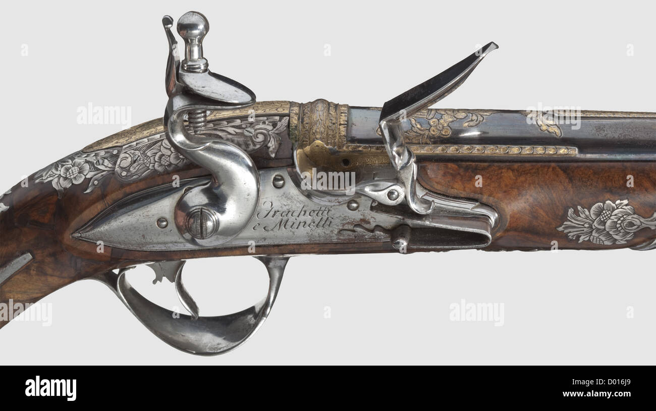 Un paio di pistole flintlock italiane,Frachetti & Minelli,Brescia,circa 1800. Barili in blu con fori lisci di 15 mm di calibro e travi tagliate alle braghe. Ogni lato superiore del cilindro, costola e linguetta è dorata. Flintlock lucidati, con firma sulla piastra del bullone. Stock pieni di legno di radice splendidamente granato con nasi corno, taglio di mobili in ferro e finemente tritate argento, in parte intarsi dorati. aste in legno con punte a tromba. Lunghezza 29 cm ciascuno, storico, storico, 19 ° secolo, pistola civile, pistole civili, portatile, pistola, armi da fuoco, armi da fuoco, armi da fuoco, armi, armi, armi, diritti aggiuntivi-clearences-non disponibile Foto Stock
