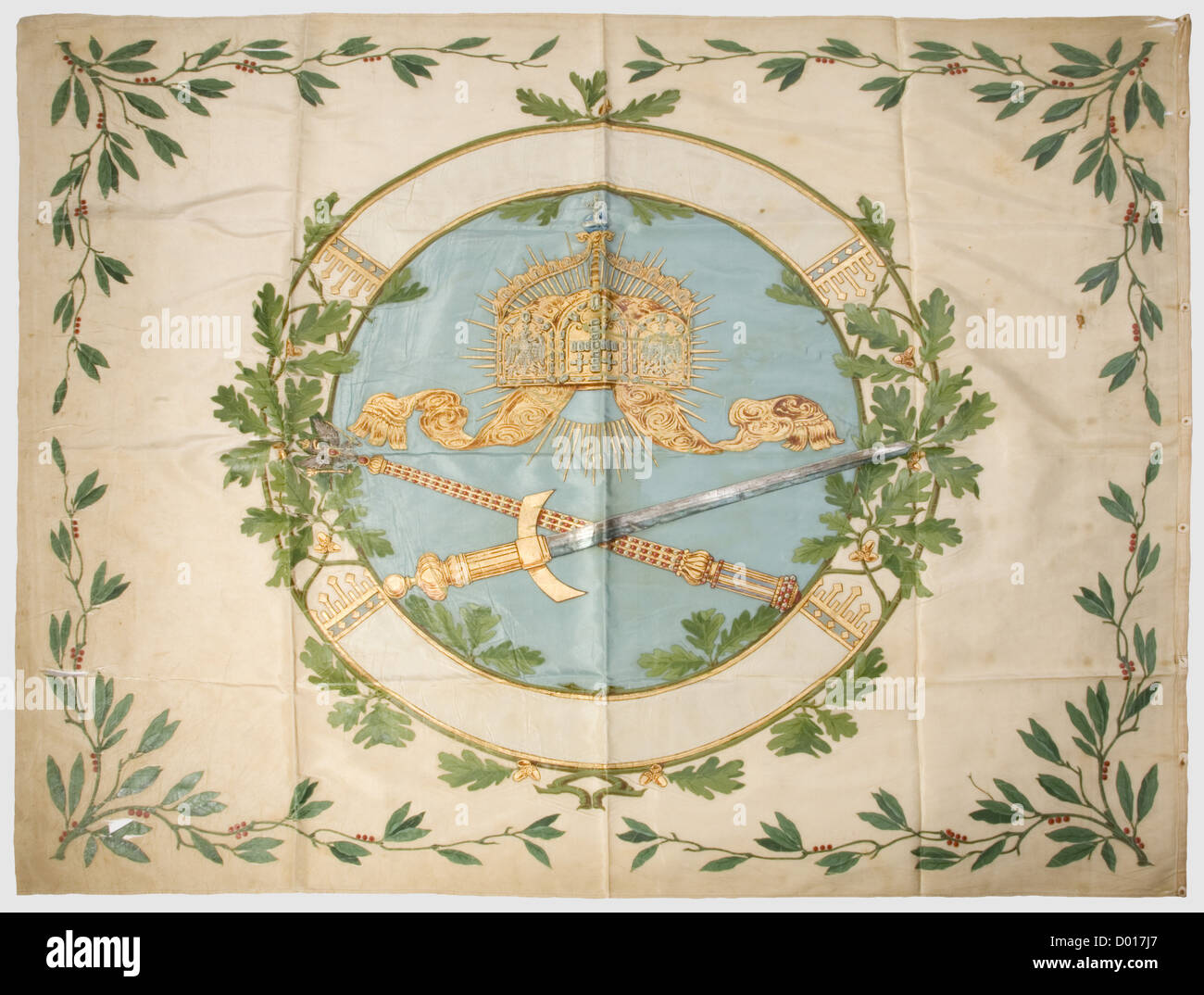 Un banner patriottico, per un gruppo nazionale tedesco fedele al Kaiser (Bismarck Youth?). Tessuto di seta 147 x 114 cm. Dipinto a colori che mostra l'aquila imperiale con foglie di alloro e quercia e il motto 'Mit Gott für König und Vaterland' sulla parte anteriore, e la corona imperiale, sopra lo scettro e la spada imperiale sul Back.Very bella, qualità painting.The fibre di seta fratturato in places.Also una riproduzione fotografica di quattro pagine di una lettera di Horst Wessel dal 23 novembre 1926 in cui afferma le sue opinioni politiche e giustifica lasciando il tedesco, diritti aggiuntivi-clearences-non disponibile Foto Stock