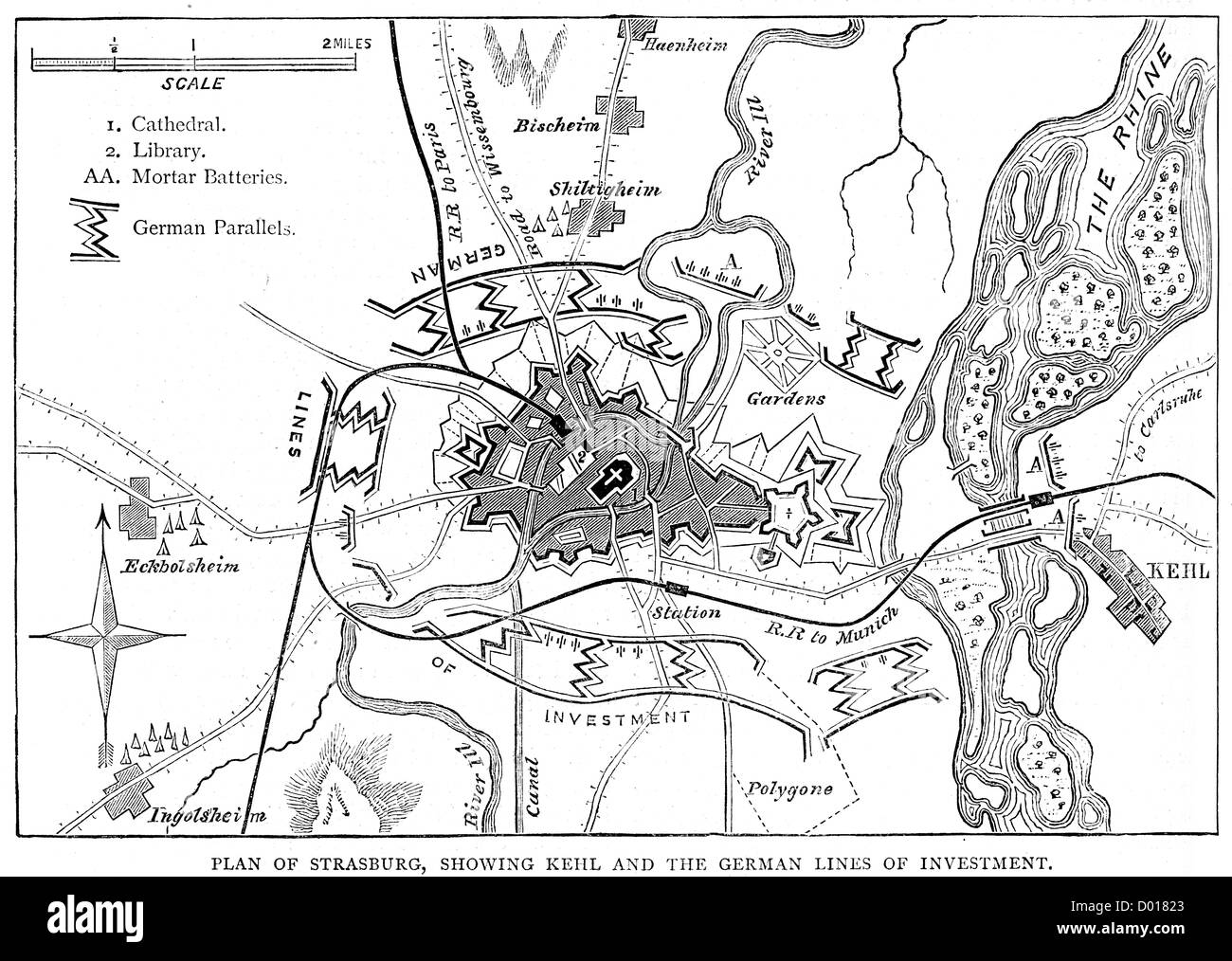 Mappa dell'Assedio di Strasburgo, che ha avuto luogo durante la guerra franco-prussiana Foto Stock