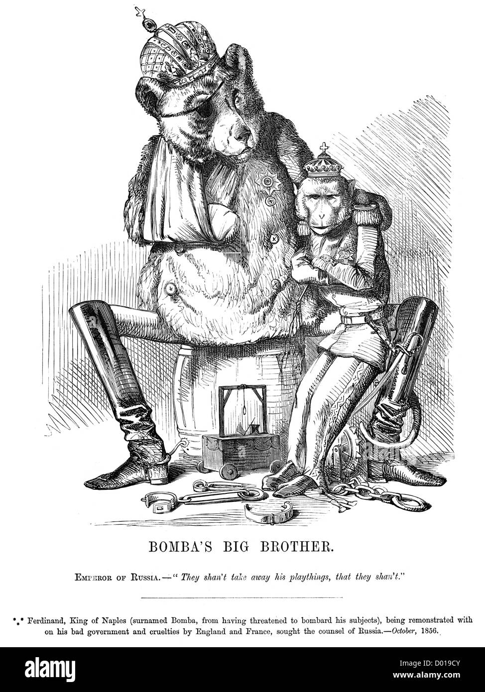 Bomba del Grande Fratello. La caricatura di orso russo la protezione di Ferdinando Re di Napoli, ottobre 1856. Foto Stock